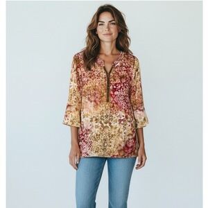 Catherines 0X 14 16W Womens Tunic‎ Top Floral Beaded V Neck 3/4 Sleeve